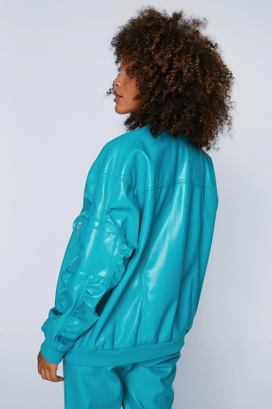Faux Leather Ruched Sleeve Bomber Jacket 5 Faux Leather Ruched Sleeve Bomber Jacket - Image 3