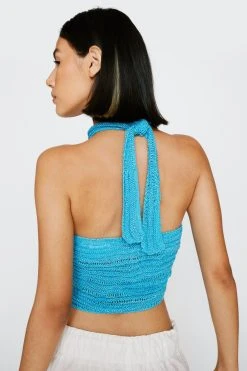 Metallic Crochet High Neck Crop Top 14 Metallic Crochet High Neck Crop Top -Nasty Gal Sales Store womens turquoise metallic crochet high neck crop top 2