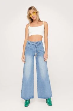 Wide Leg Belted High Waist Denim Jeans