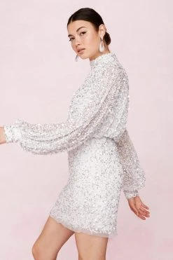 Balloon Sleeve Sequin Embellished Mini Dress 19 Balloon Sleeve Sequin Embellished Mini Dress -Nasty Gal Sales Store womens white balloon sleeve sequin embellished mini dress 1