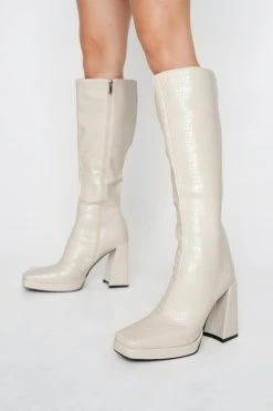 Faux Leather Croc Knee High Boots