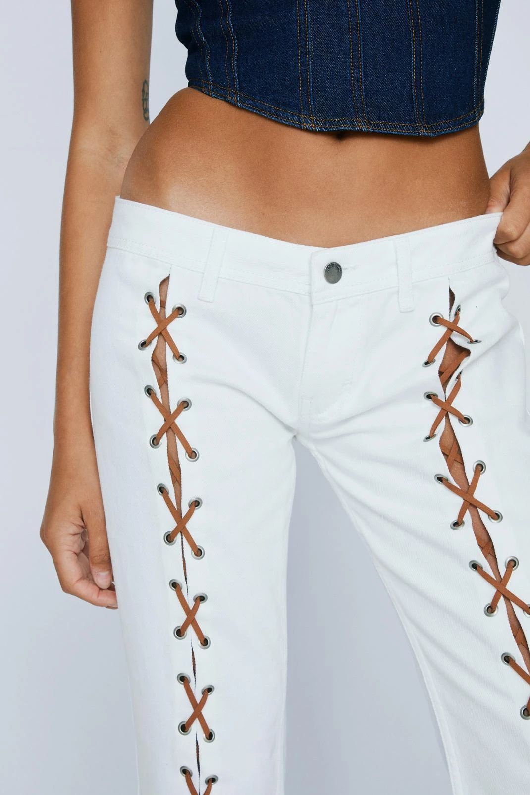 Petite Lattice Split Front Flared Denim Jeans 3 Petite Lattice Split Front Flared Denim Jeans