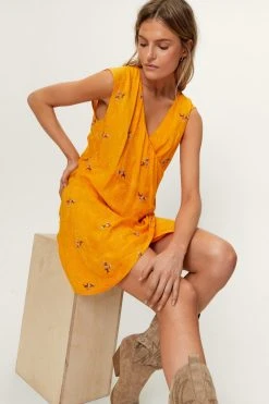Floral Embroidery Detail Wrapover Mini Dress 9 Floral Embroidery Detail Wrapover Mini Dress -Nasty Gal Sales Store womens yellow floral embroidery detail wrapover mini dress 3